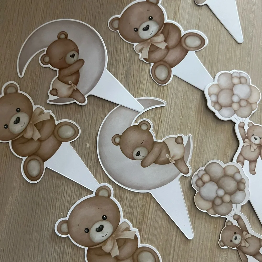 Neutral Brown Teddy Bear Cupcake Toppers - Party Decorations